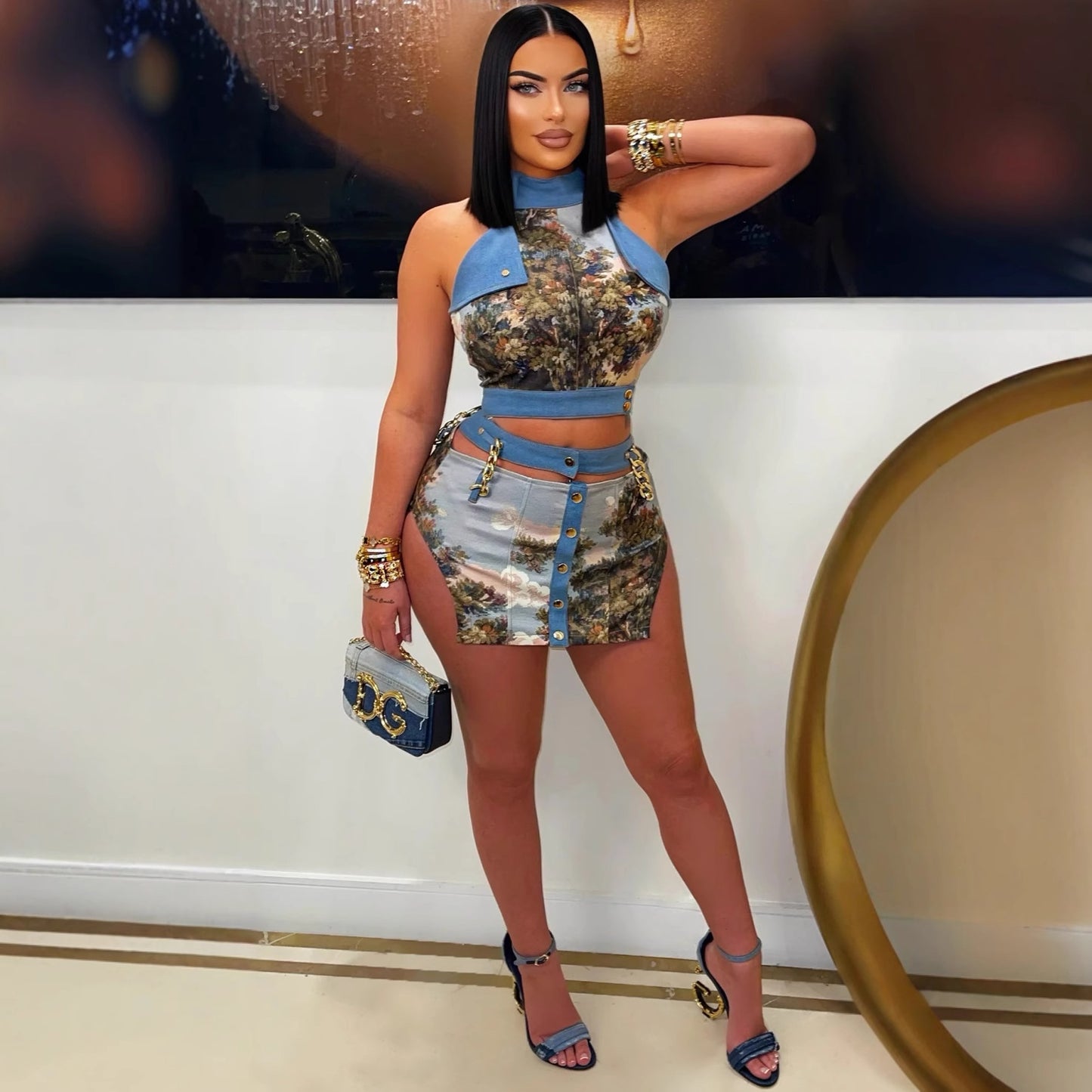 Elegant Sexy Print Metal Chain Decorative Sweaters