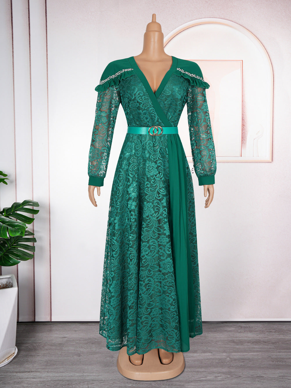 Women's Lightly Mature Cinched Patchwork Lace Dress Dresses