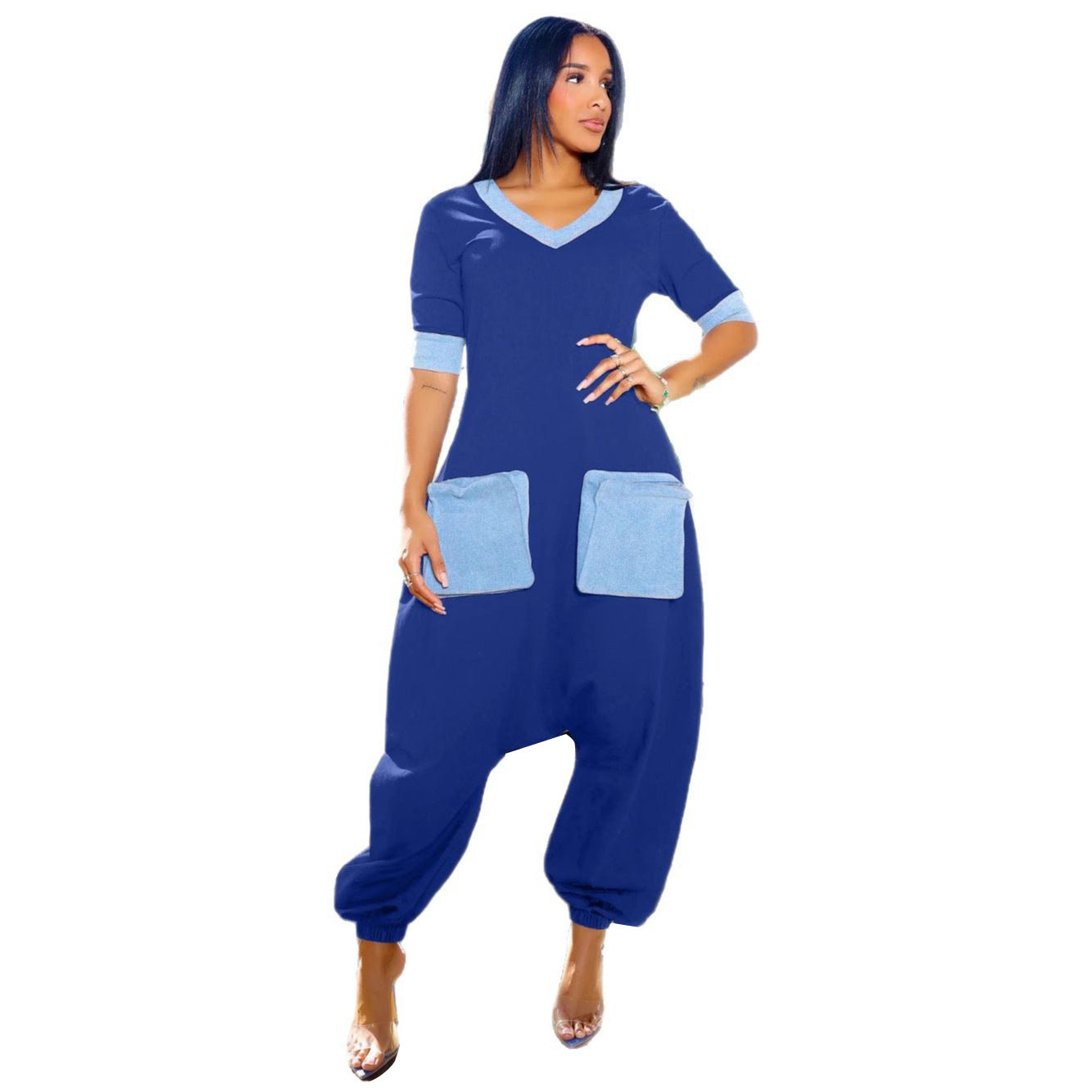 Commute Denim Stitching Contrast Color Loose Jumpsuits