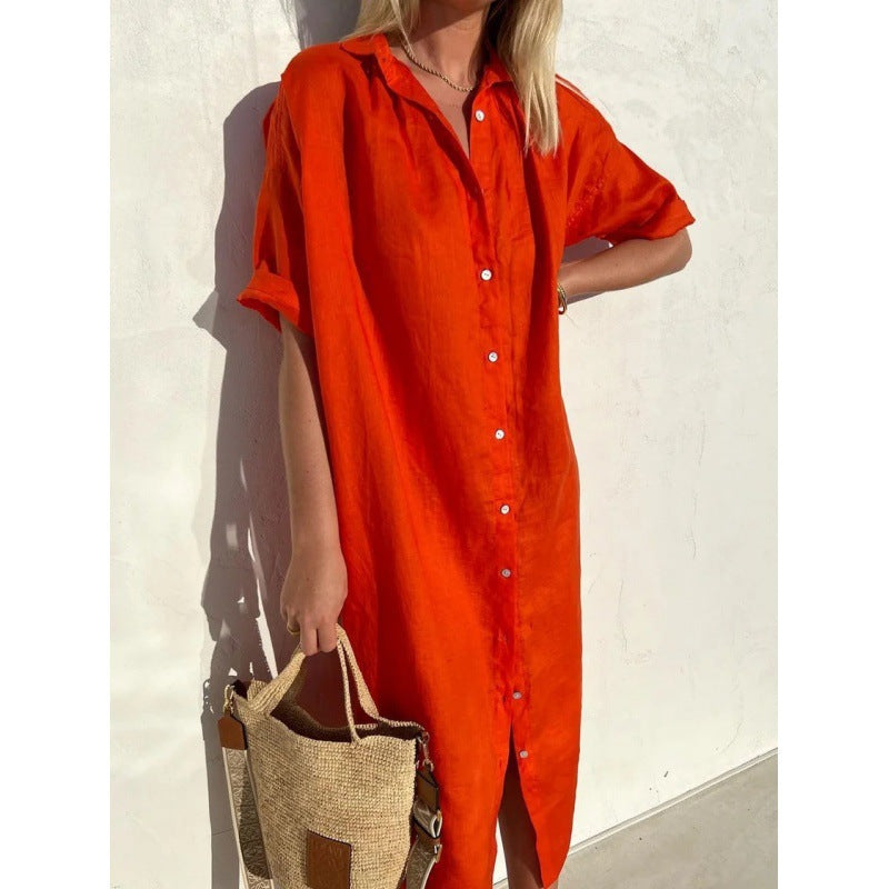 Women's Elegant Casual Loose Sleeves Button Dress Cotton Dresses