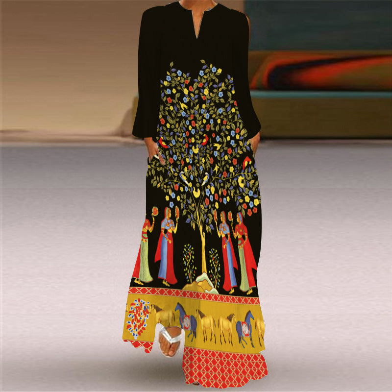 Women's Retro Butterfly Print Long Dress Collar Dresses