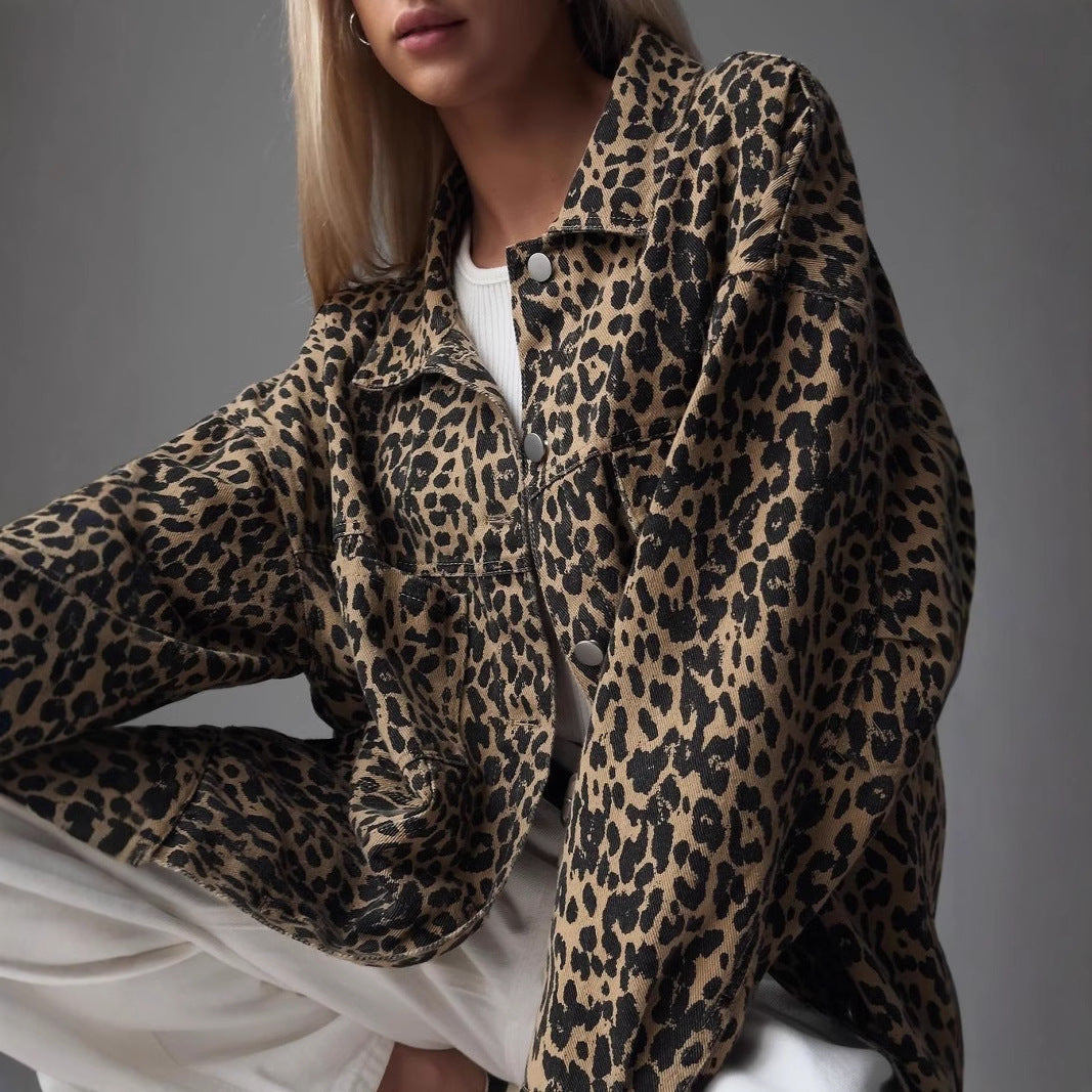American Vintage Leopard Print Niche Lapel Denim Spring Jackets