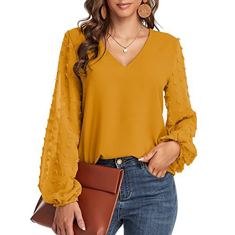 Women's Chiffon Shirt Stitching Big Fur Ball Blouses