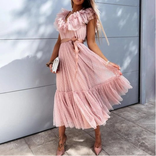 Summer Solid Color Sleeveless Mesh Belt Dresses