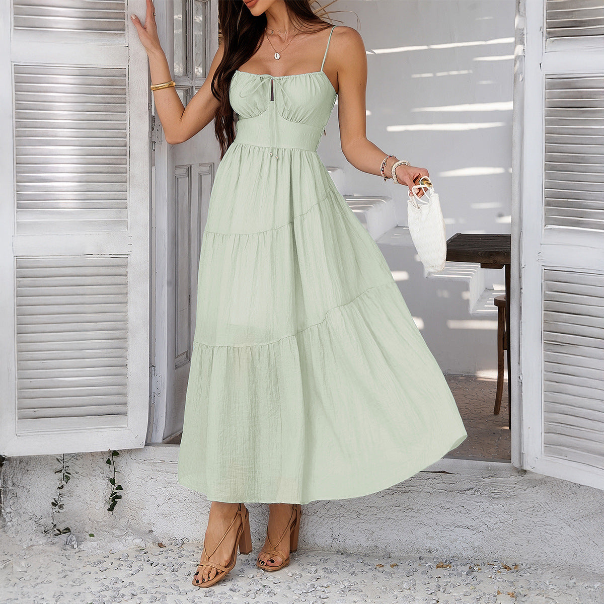 Women's Style Solid Color High Waist Sling Dresses