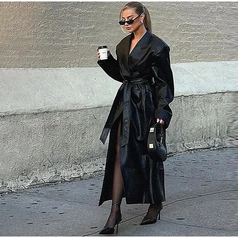 Women's Lapel With Belt Long Faux Leather Coats