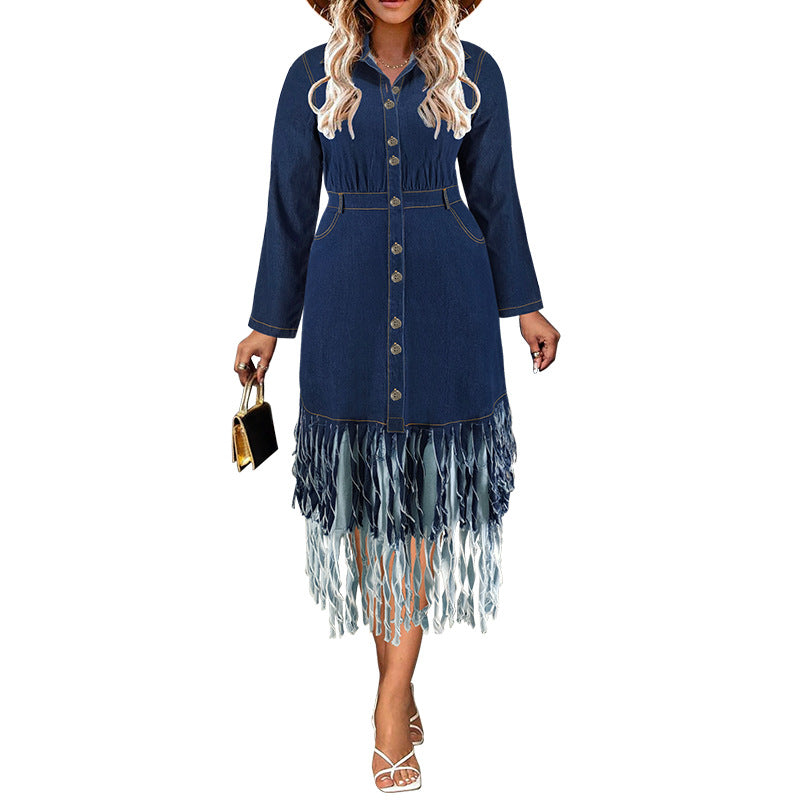 Women's Fashion Stitching Denim Lapel Long Sleeve Dresses