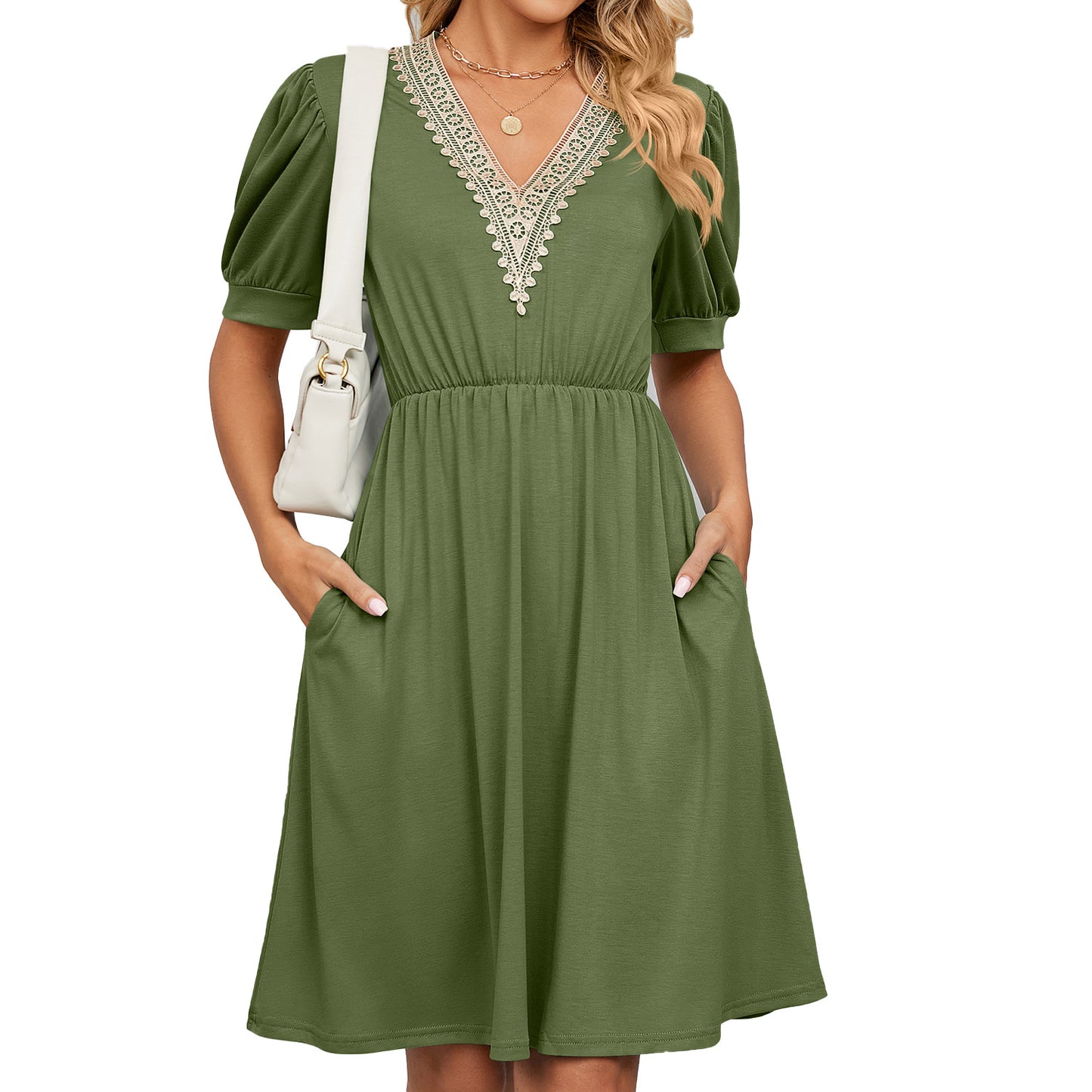 Solid Color Lace Patchwork Sleeve Pocket Dresses