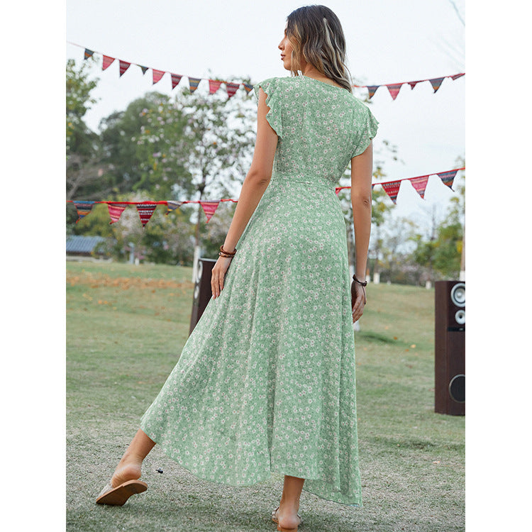 Summer Vacation Rayon Floral Ruffled Sleeve Fishtail Dresses