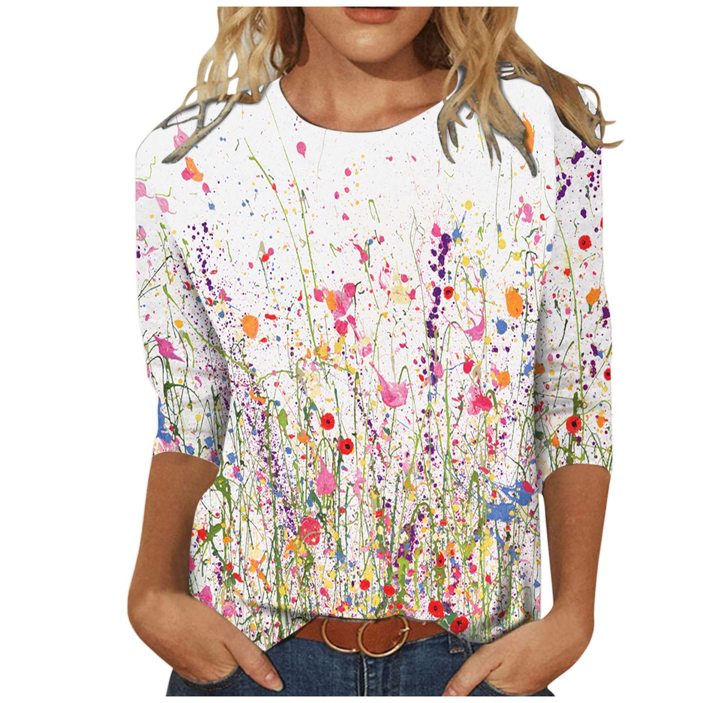 Women's Round Neck Long Sleeve Loose Print Blouses