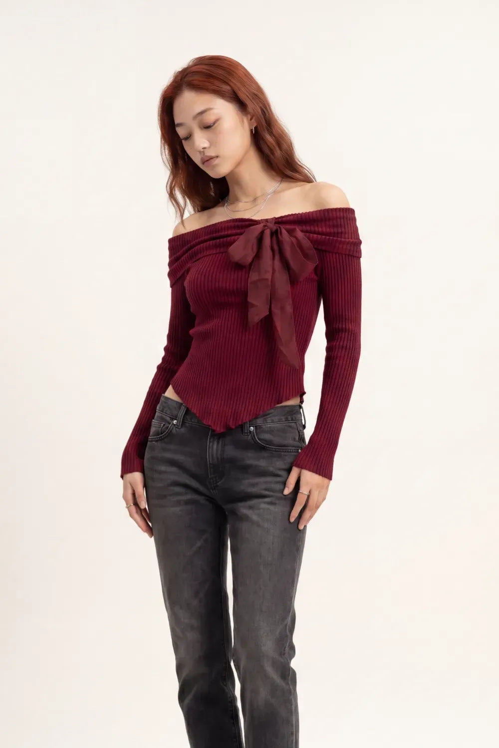 French Sunken Stripe Knit With Bow Tops