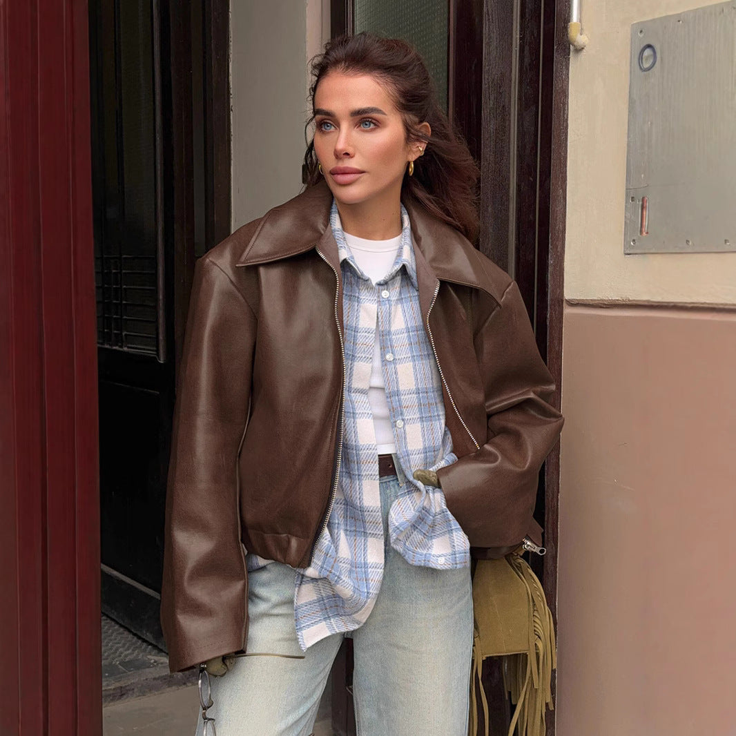 Women's Retro Style Wine Red Leather Autumn Clothing