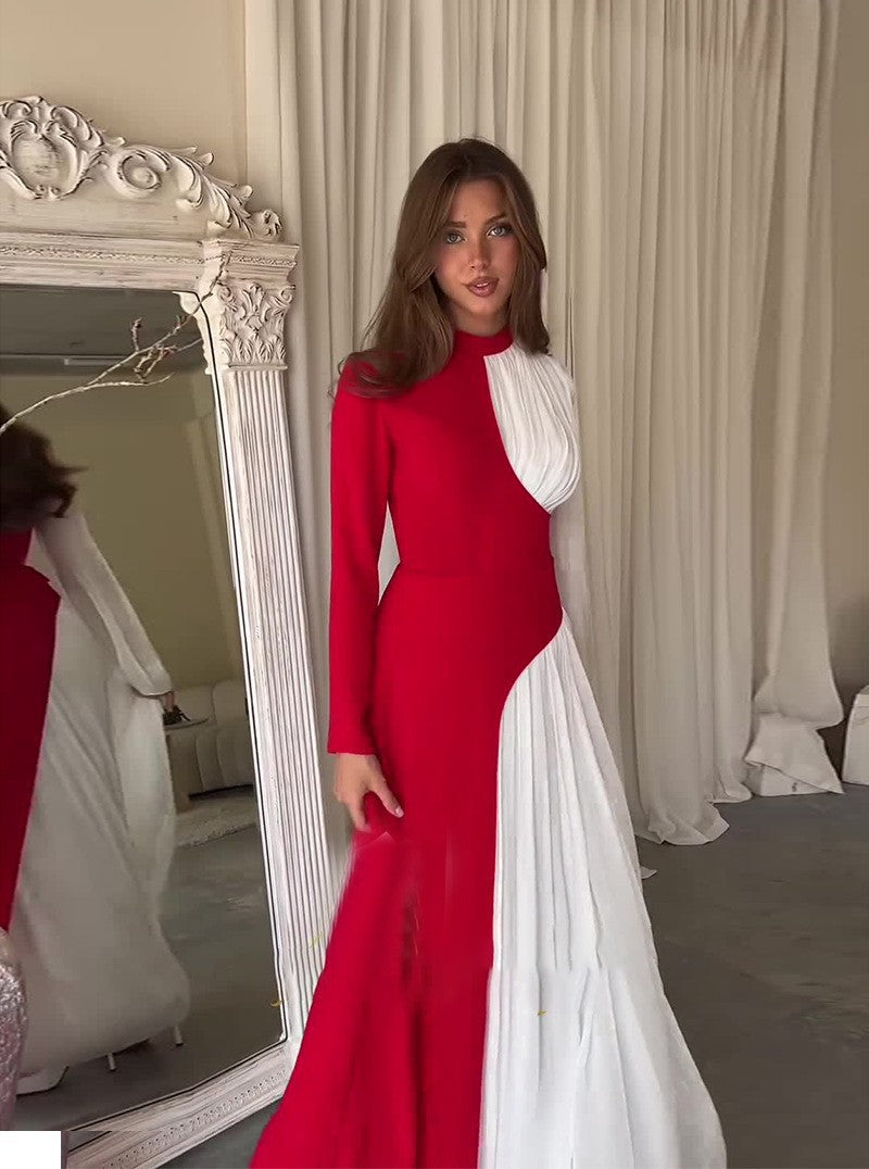 Women's Round Neck Contrast Color Long Sleeve High Waist Dresses