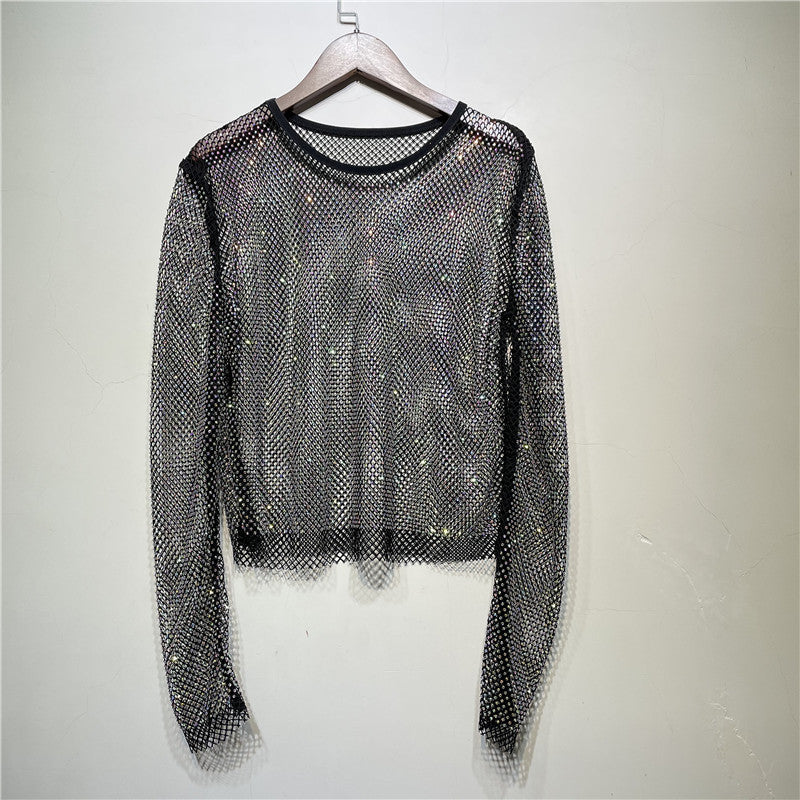 Star Hollow Out Shiny Colorful Crystals People Fishnet Blouses