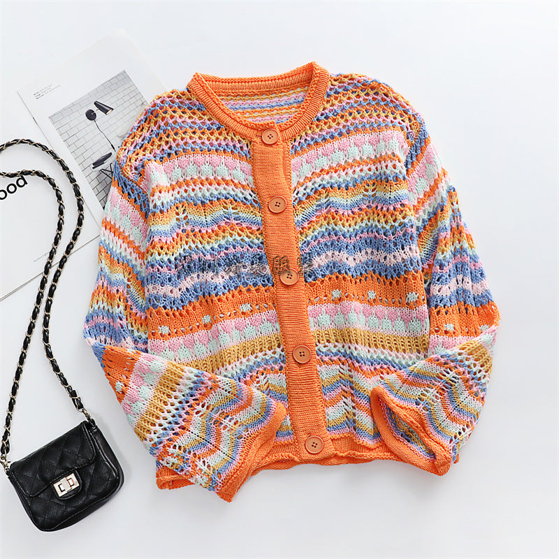 Women's Striped Loose Large Rainbow Button Sweaters