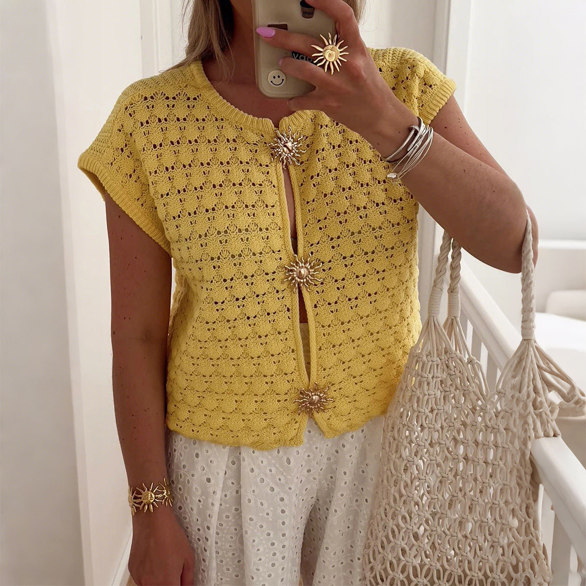 Women's Simple Vacation Sleeve Hollow T-shirt Woolen Blouses