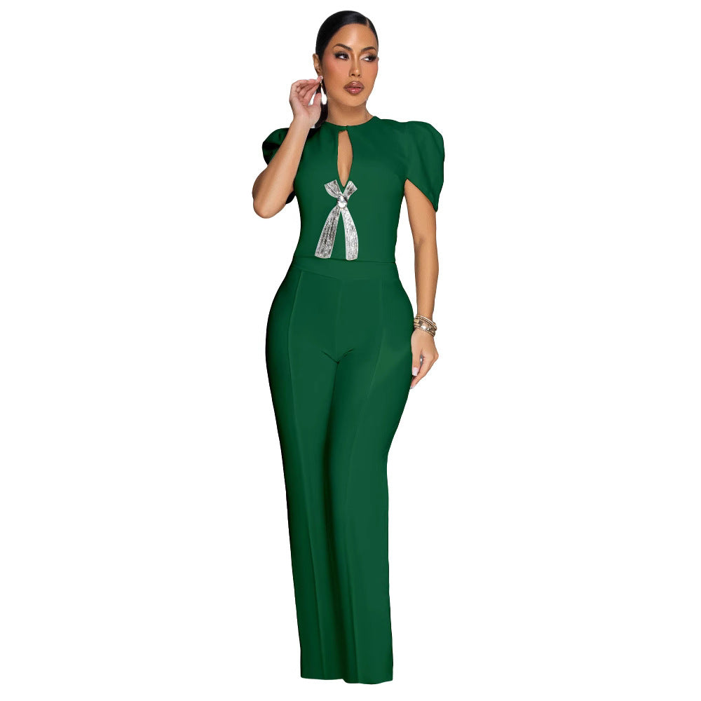 Women's Personalized Line Bow Decoration Short-sleeved Casual Jumpsuits
