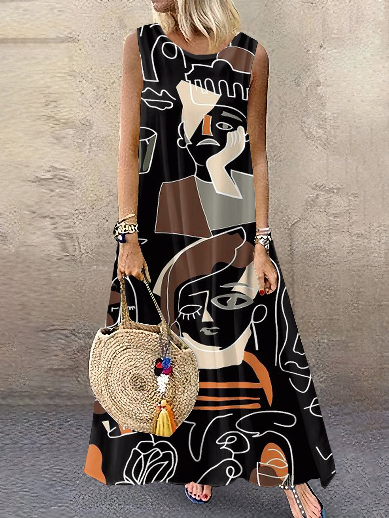 Women's Printed Cotton Linen Sleeveless Large Long Dresses