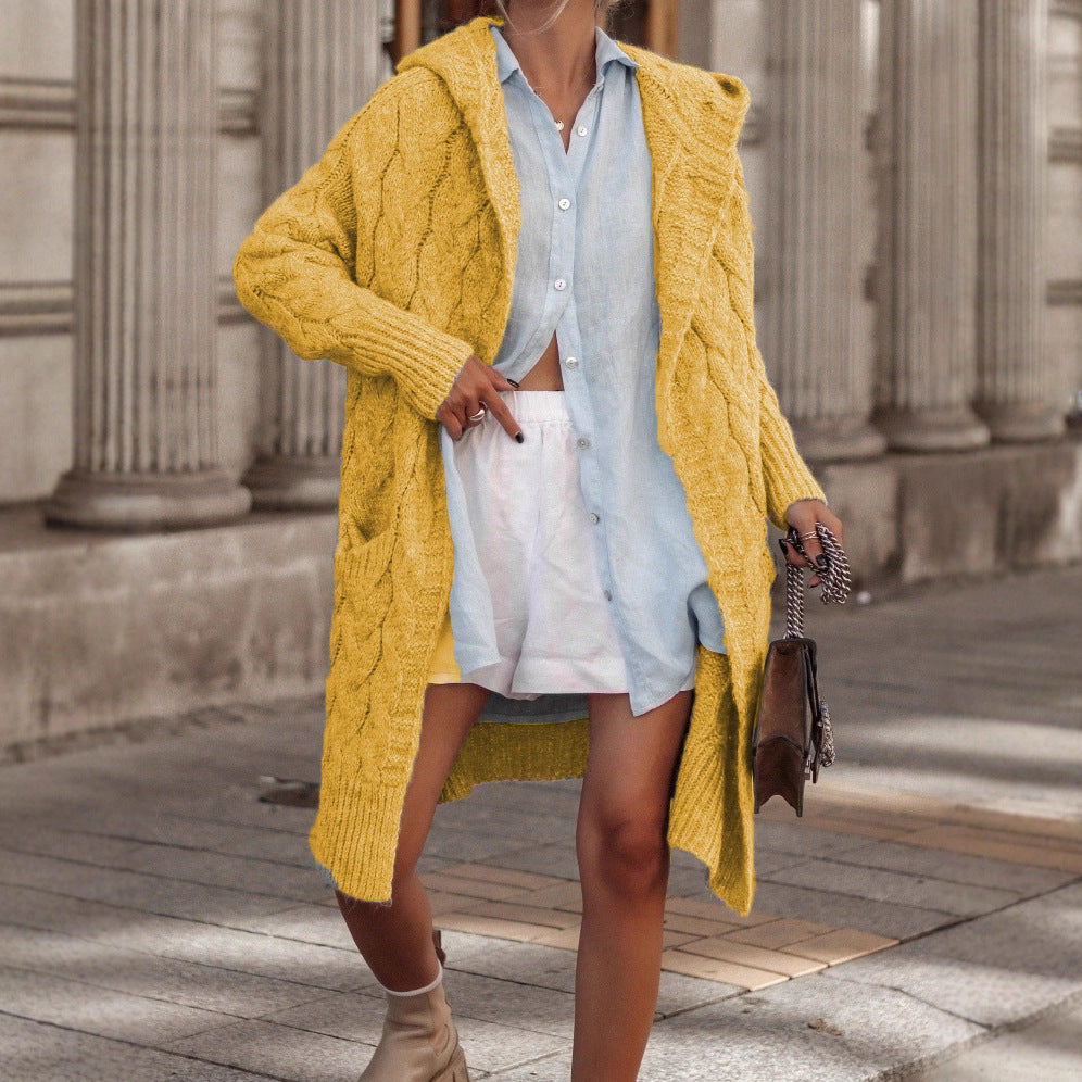 Casual Trendy Long Twist Hooded Overcoat Knitwear