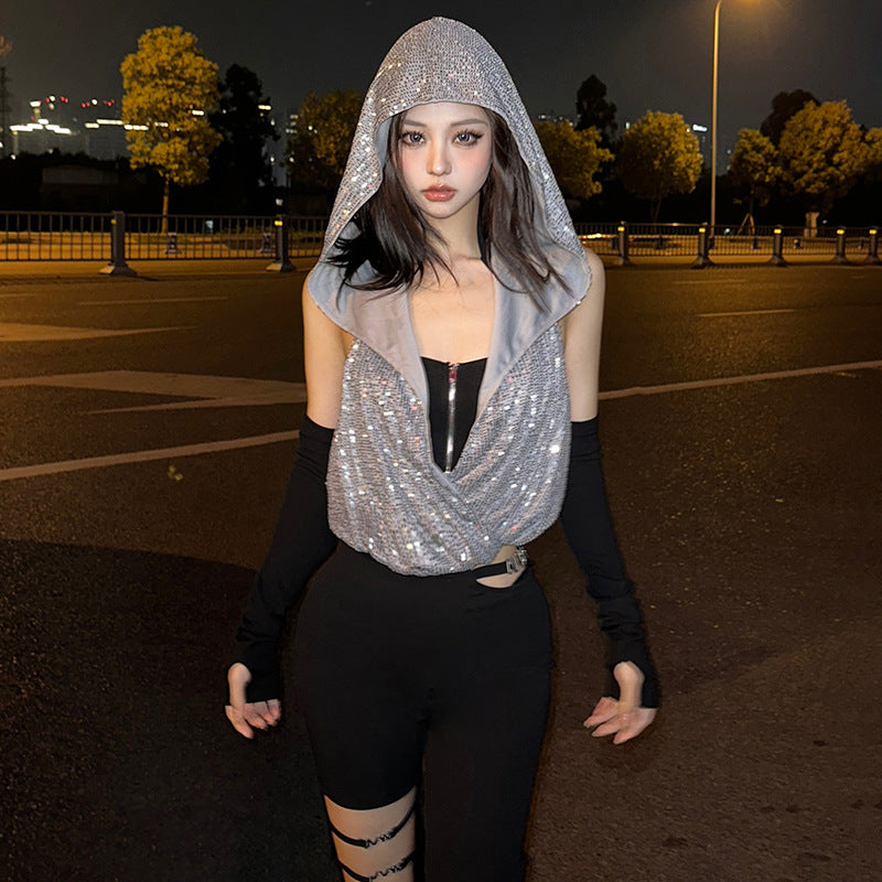 Women's Sexy Halter Hooded Sleeveless Two-piece Set Blouses