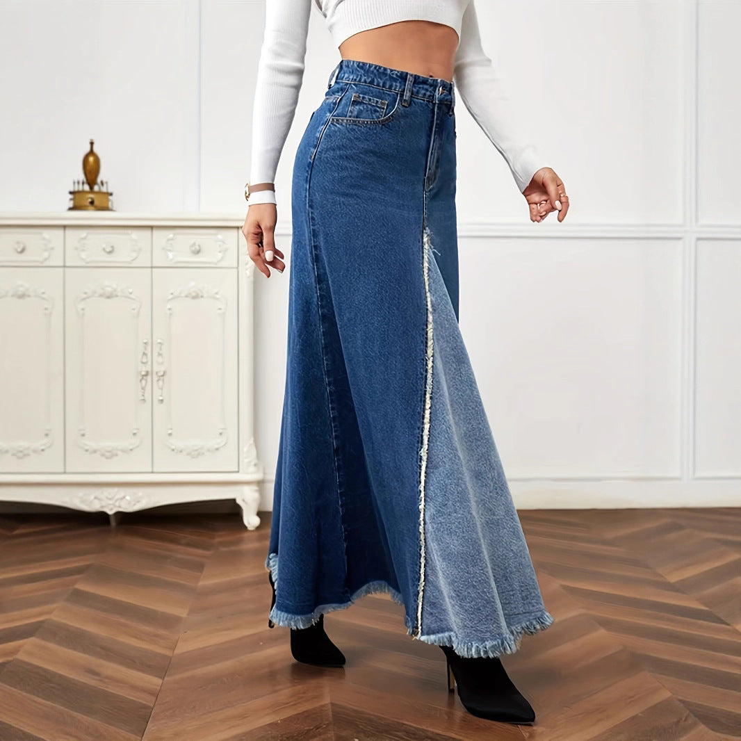 Women's Summer Patchwork Denim Frayed Long Skirts