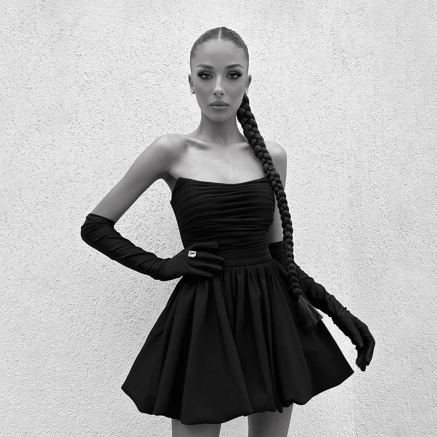 Dress Tube Hepburn Style Pleated Black Tops