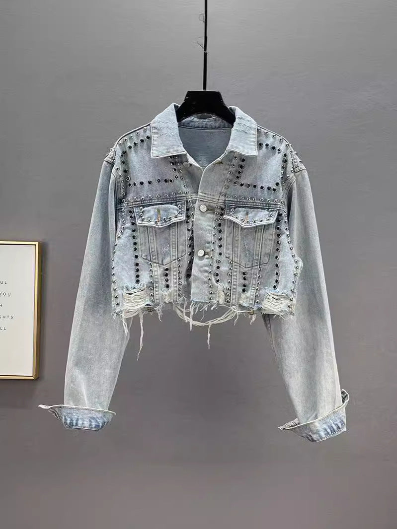 Women's Rivets With Diamonds Denim Worn Beaded Tops