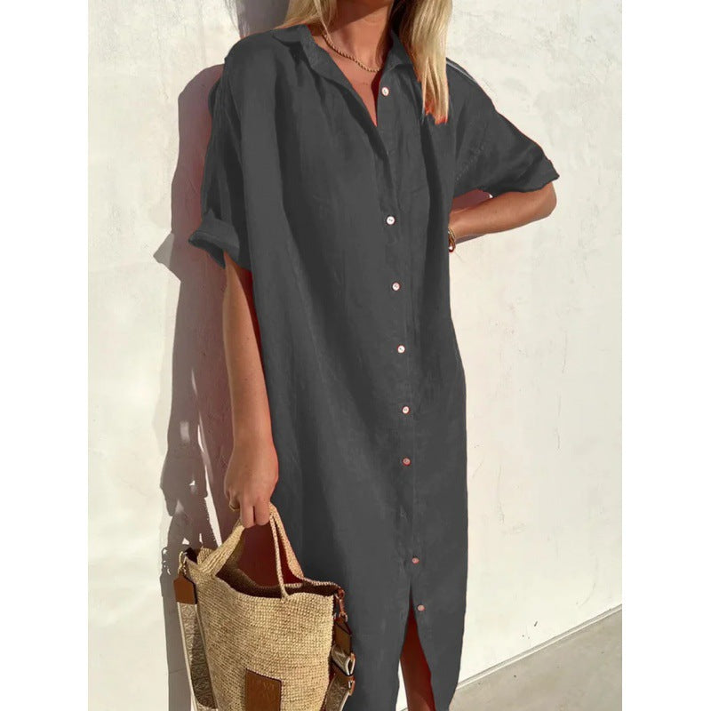 Women's Elegant Casual Loose Sleeves Button Dress Cotton Dresses