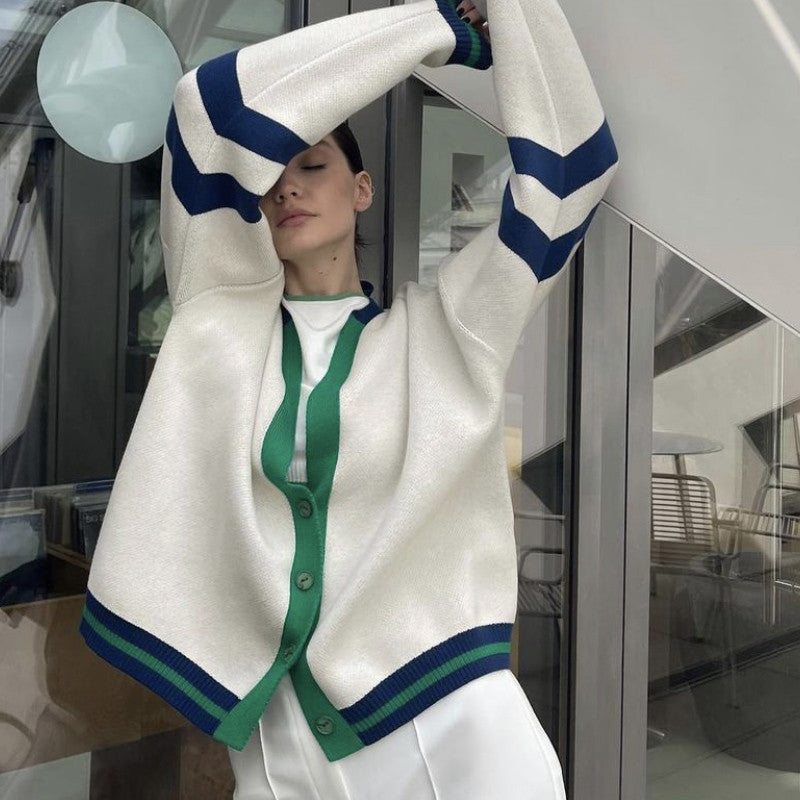 Women's Fashion Color Contrast Loose Casual Striped Sweaters