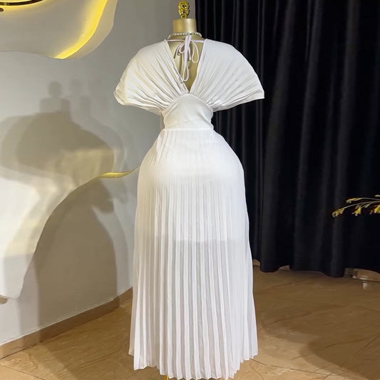 Women's Pleated Batwing Sleeve High Waist A- Skirts