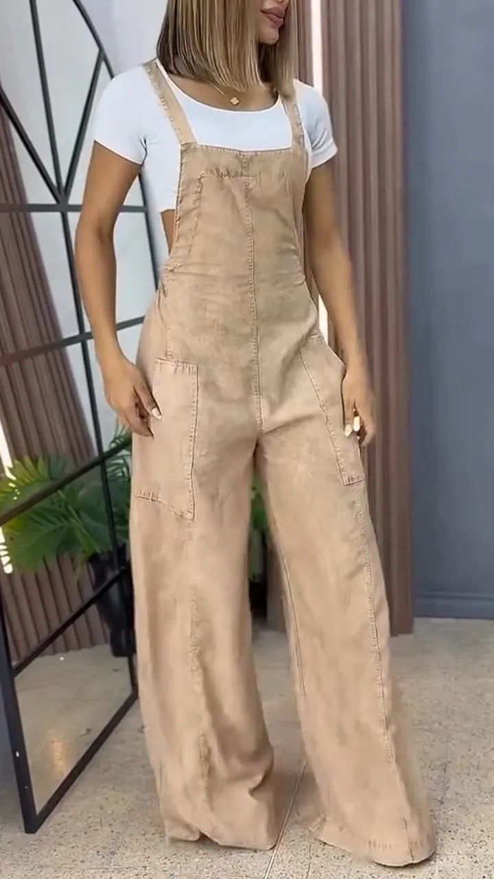 Women's Fashion Wash Denim Suspender Pocket One-piece Jeans