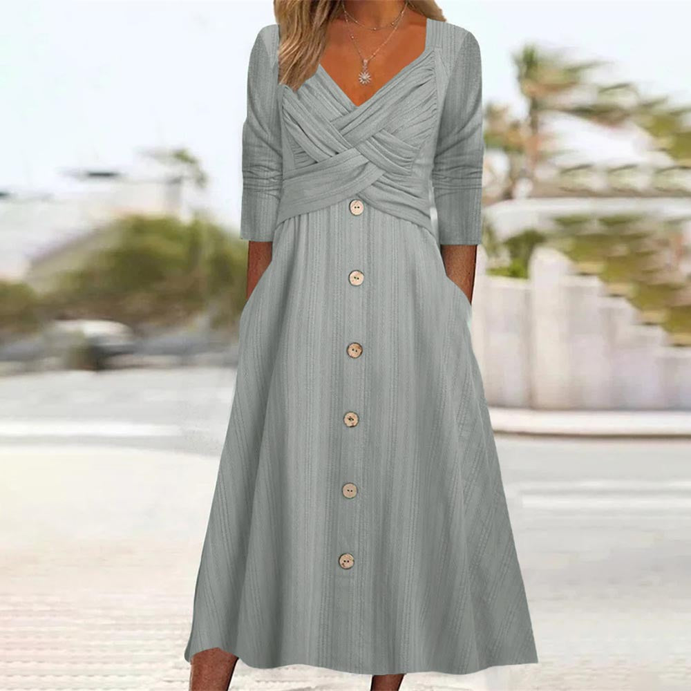 Women's Color Long Sleeve Cross Button Casual Dresses