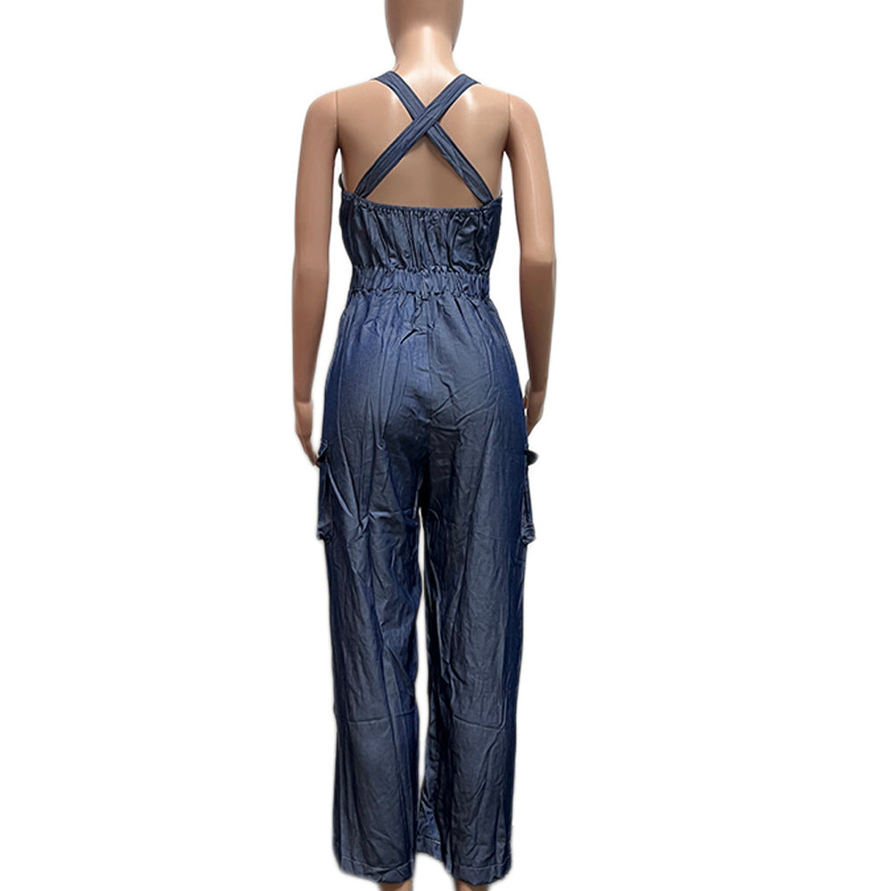 Creative Imitation Denim Oversized Bellows Pocket Jumpsuits