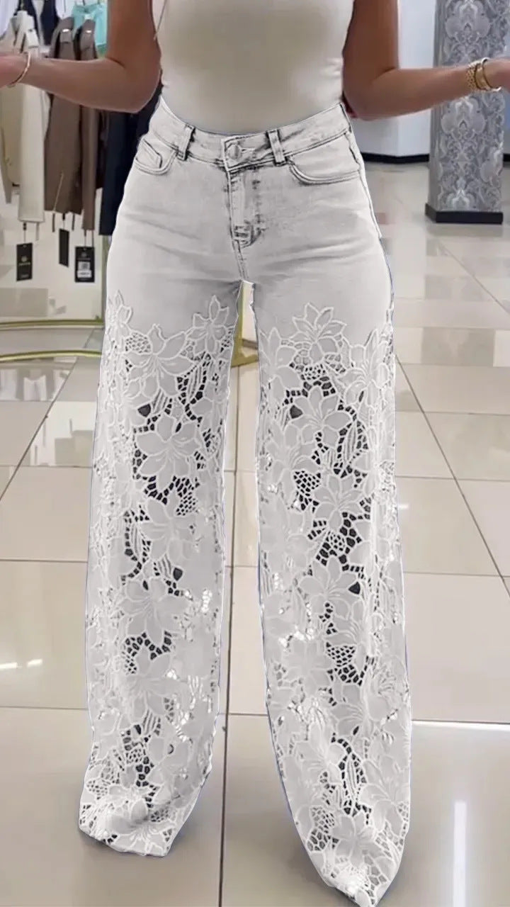 Women's Casual Fashion Hollow Lace Stitching Wide Jeans