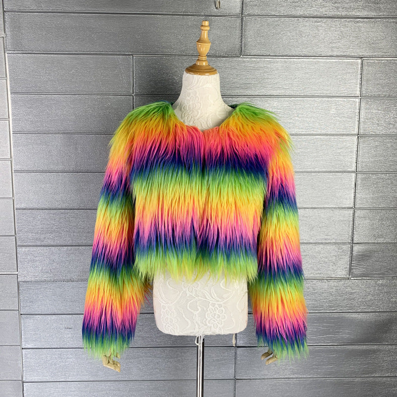 Women's Rainbow Imitation Falling Fur Long Goat Coats