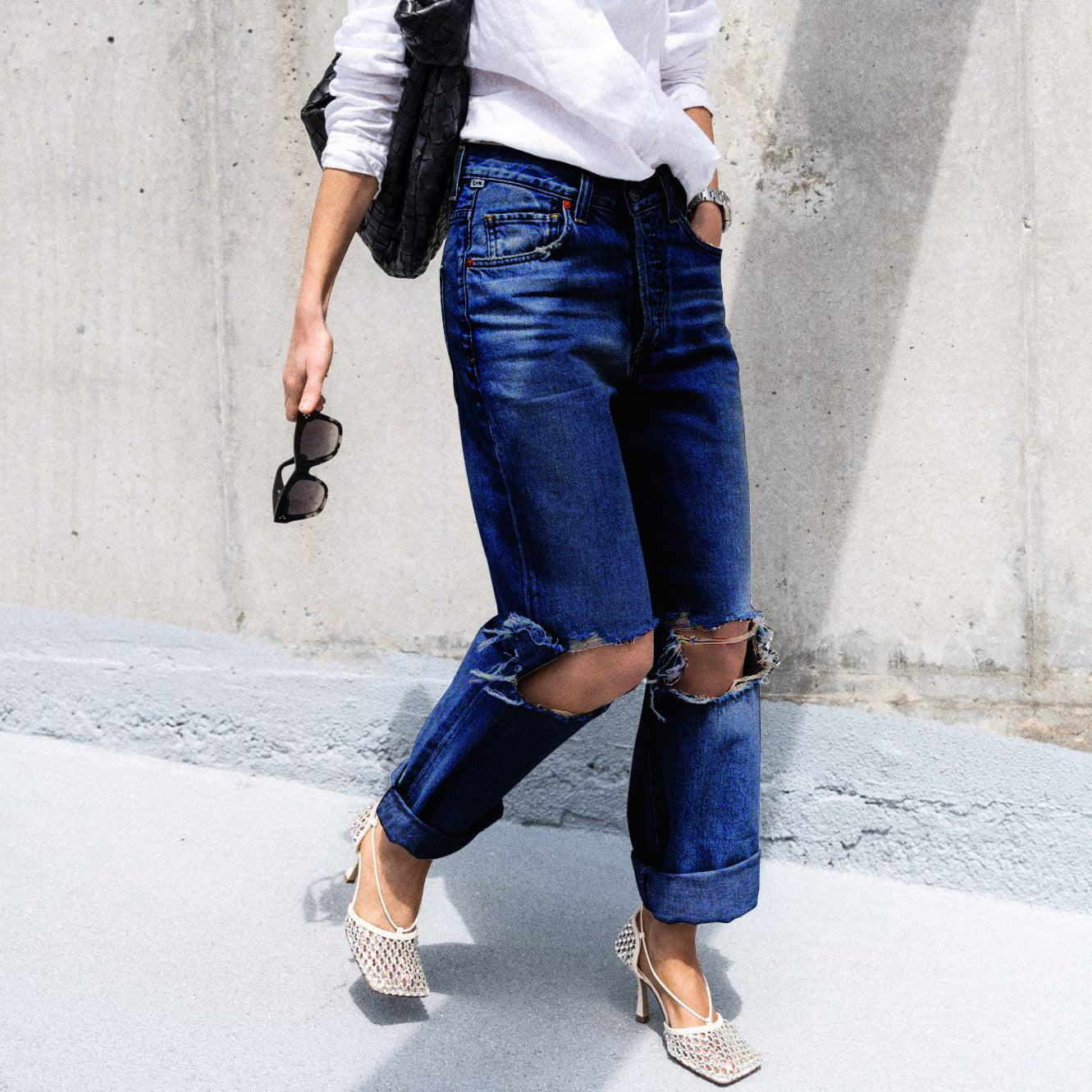Women's Ripped Leisure Boyfriend Style Trousers Jeans