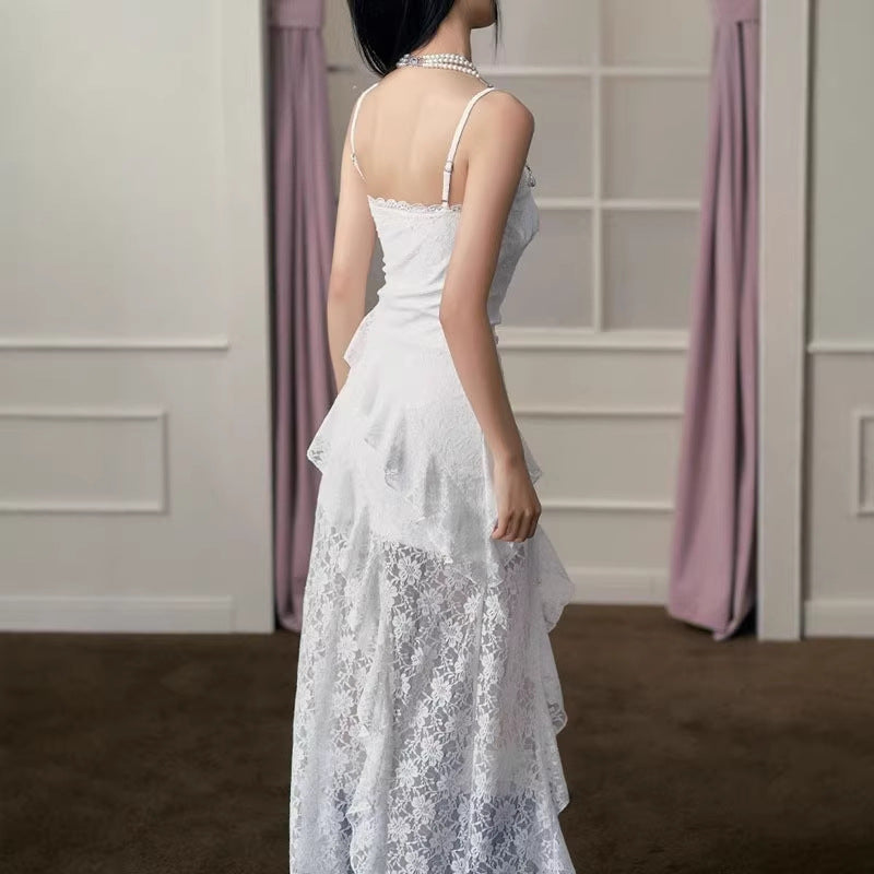 Women's Style Irregular Slit Hemline At Hem Romantic Atmosphere Lace Suspender Dress