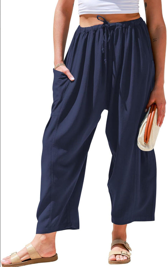 Women's Waist Pleated High Wide Leg Loose Harem Cotton Pants