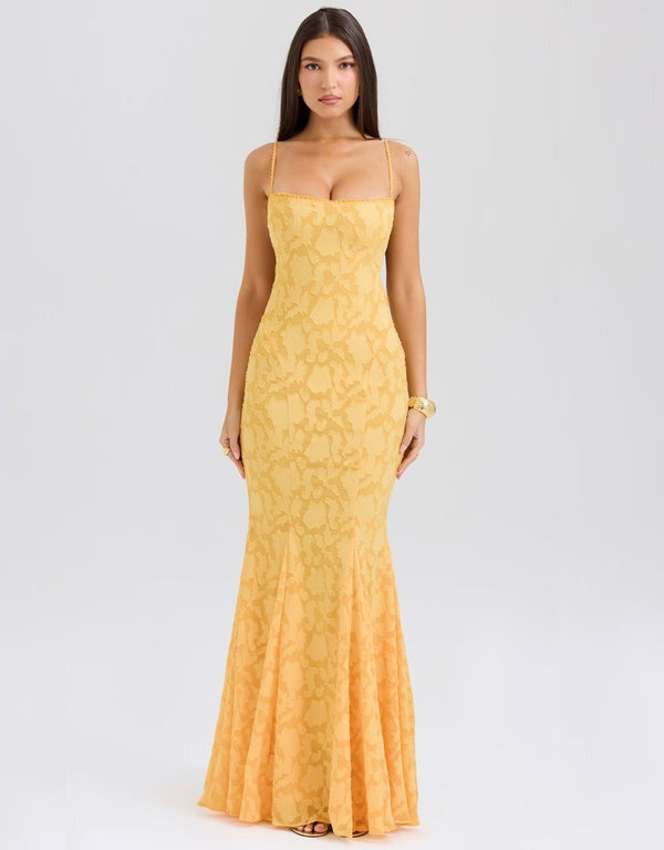 Slimming Lace Up Embossed Jacquard Fishtail Dresses