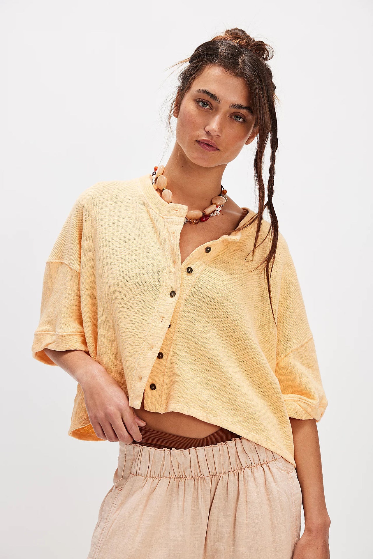 Women's Casual Linen Button Half Sleeve Solid Blouses