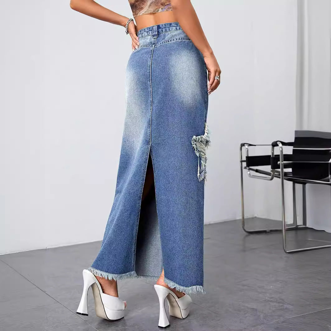 Women's Frayed Worn Denim High Waist Slit Skirts