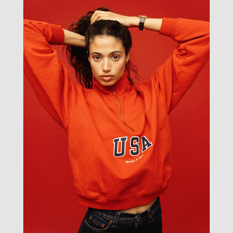 Women's American Niche Letter Printing Zipper Chest Stand Collar Sweaters