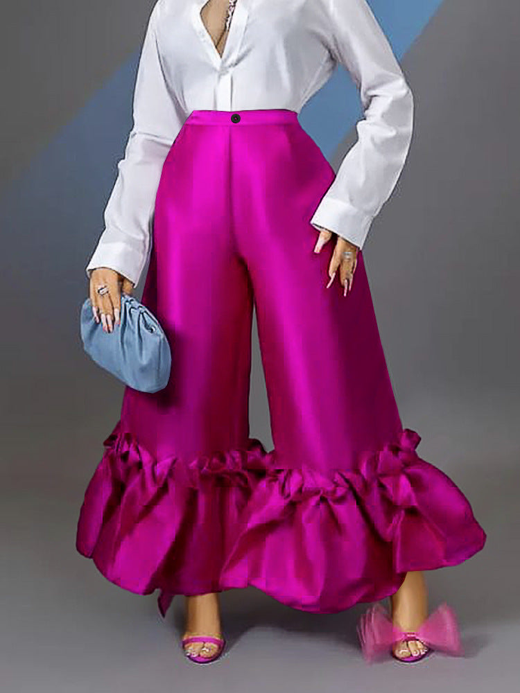 High Waist Loose Design Ruffled Bell-bottoms Pants