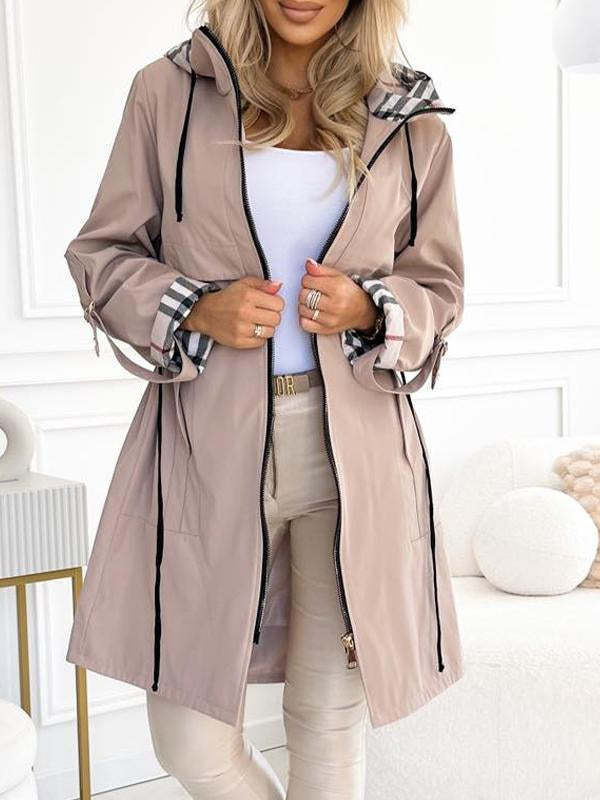 Slouchy Hooded Plaid Casual Long-sleeved Trench Coats