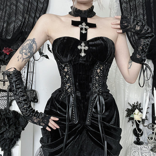 Women's Dark Contrast Color Corset Gothic Style Cross Sexy Tops