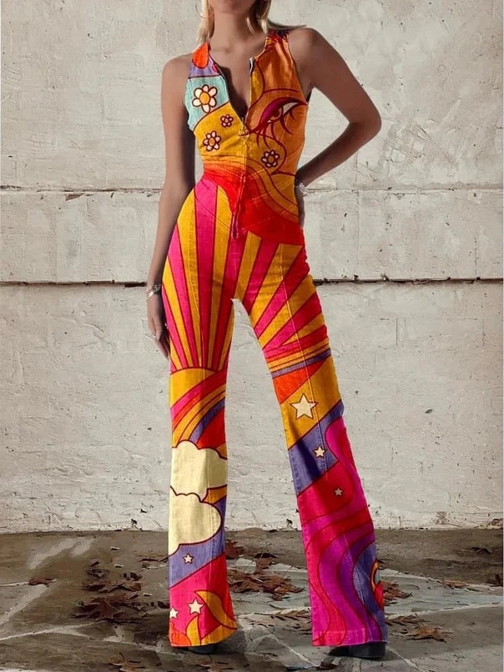 Women's Summer Vintage Print Loose Sleeveless Design Pants