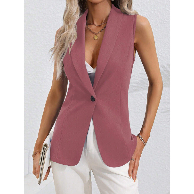 Women's Solid Color Single Button Sleeveless Crew Coats