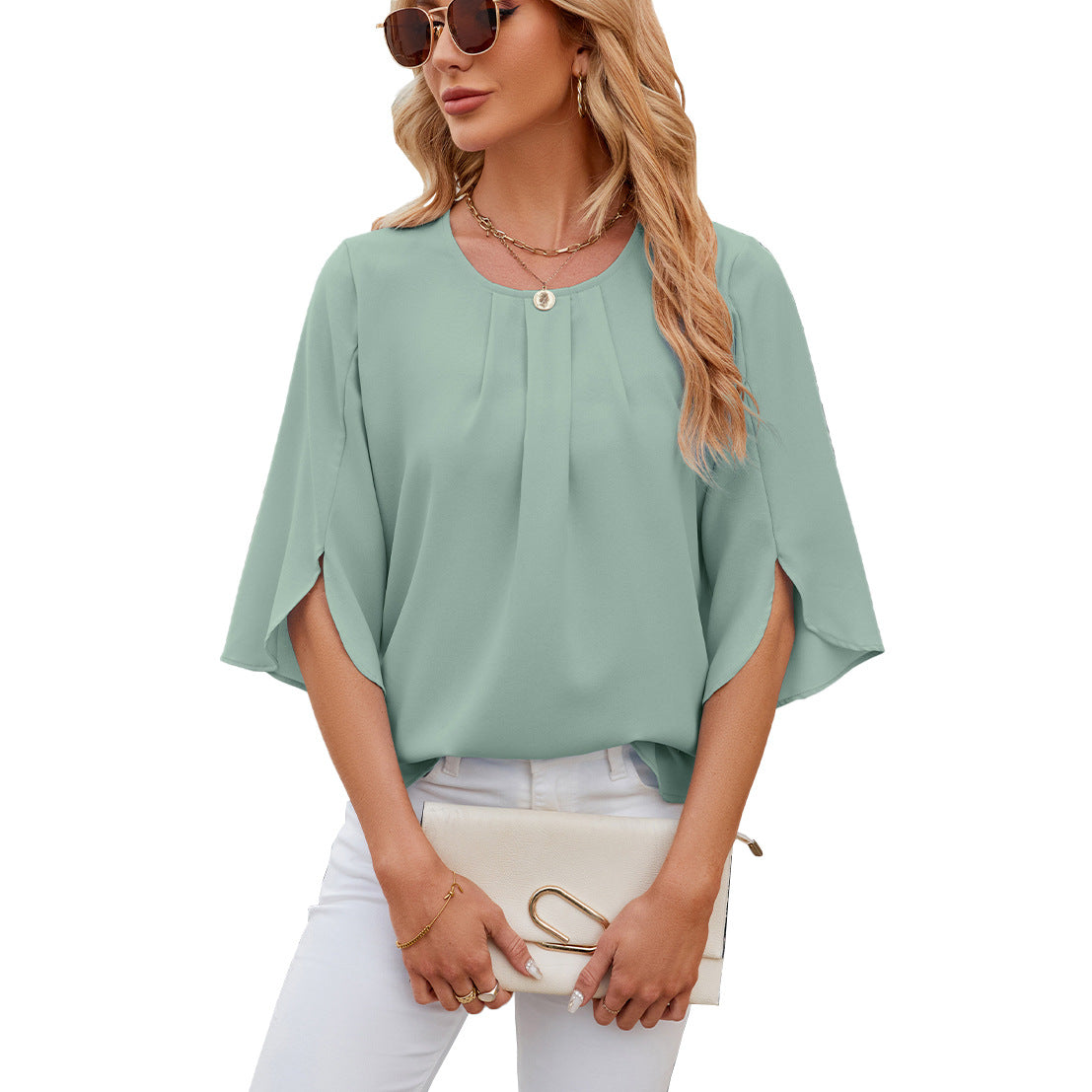 Women's Solid Color Round Neck Half Sleeve Blouses