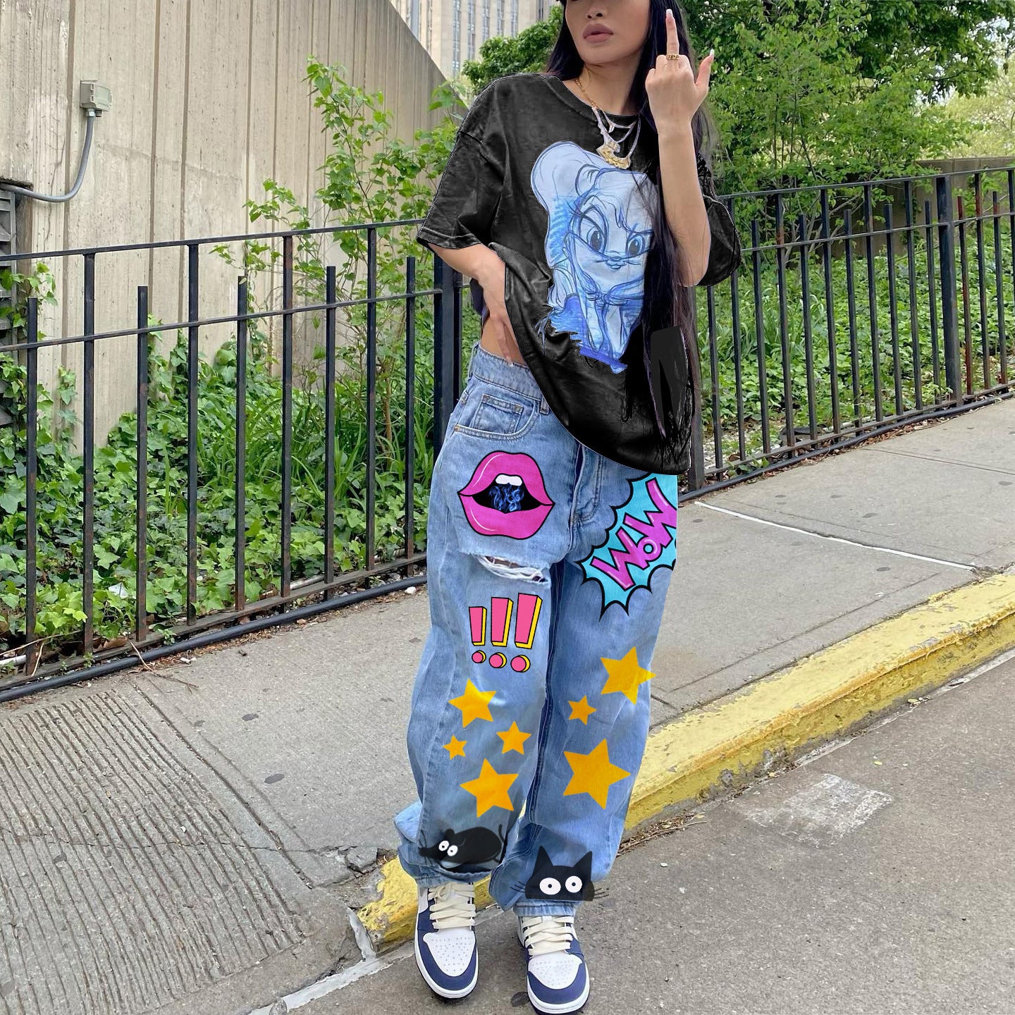 Women's Vintage Printed Slim Fit Denim Trousers Jeans