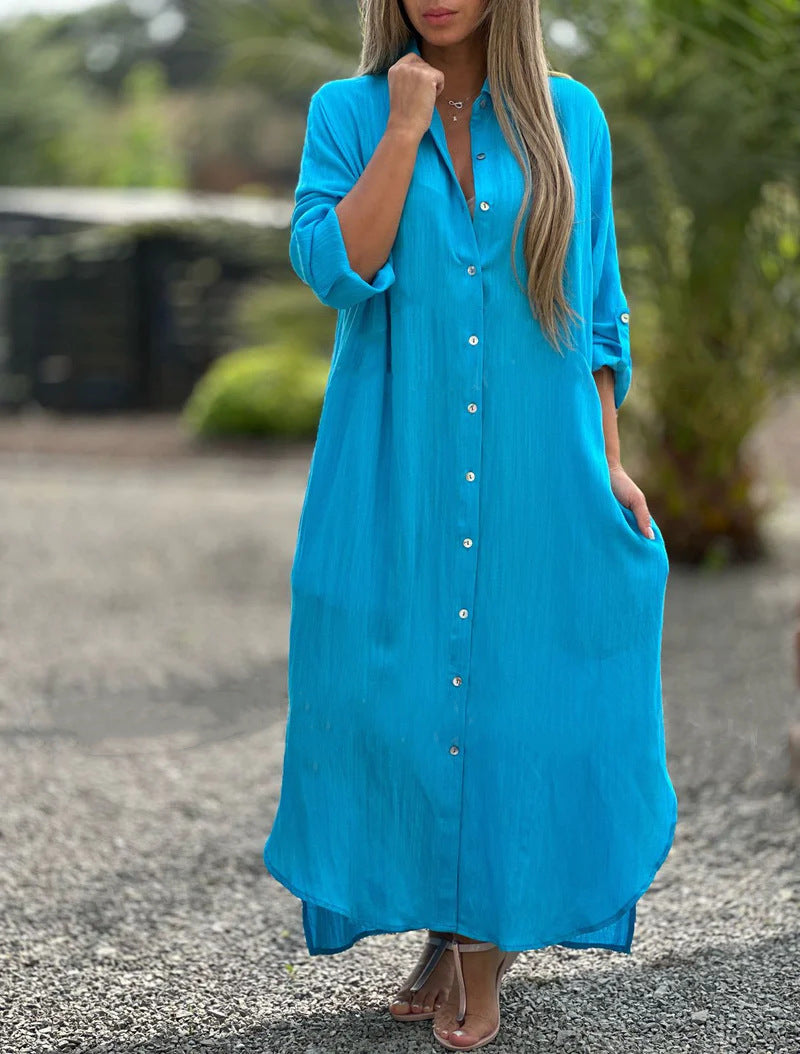 Women's Dress Cotton Linen Shirtdress Fashion Casual Cardigans